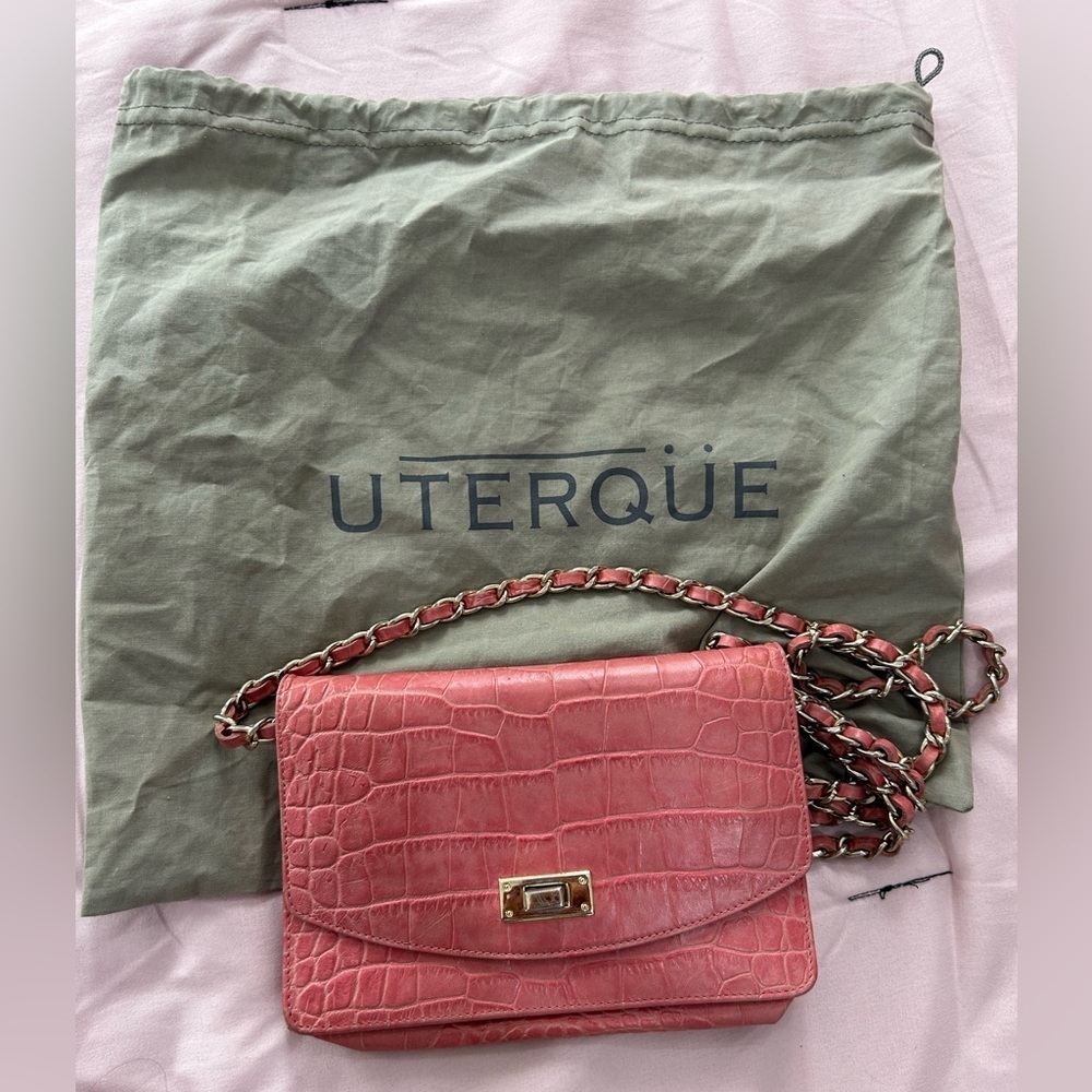 UTERQUE Croc Leather Crossbody Bag Purse Satchel Rare Mint Spain pink